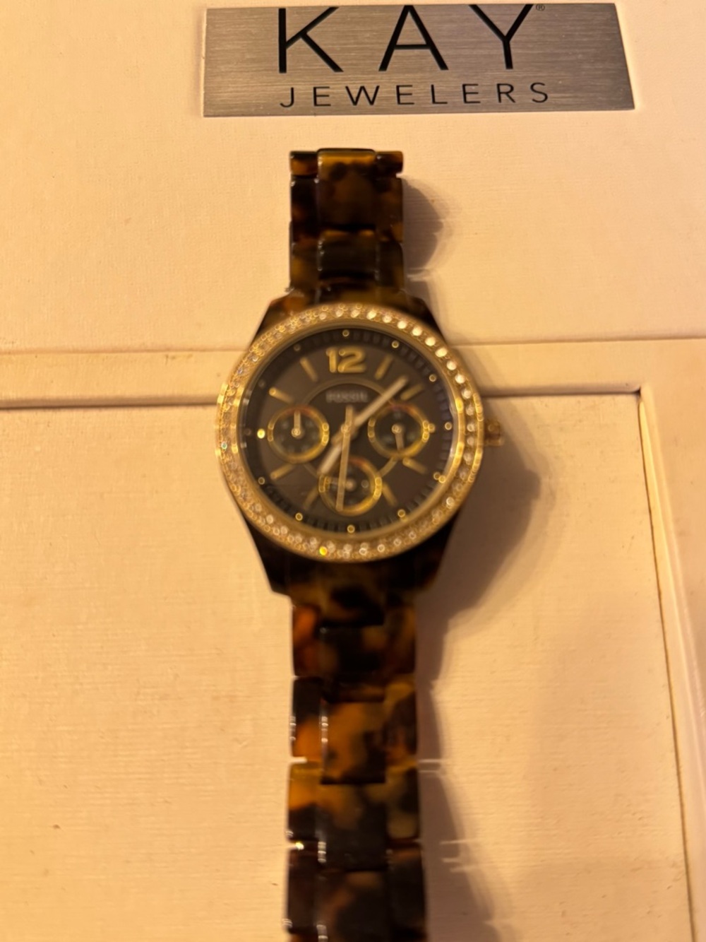 Fossil Tortoiseshell Watch with Gold Accents and Crystal Bezel